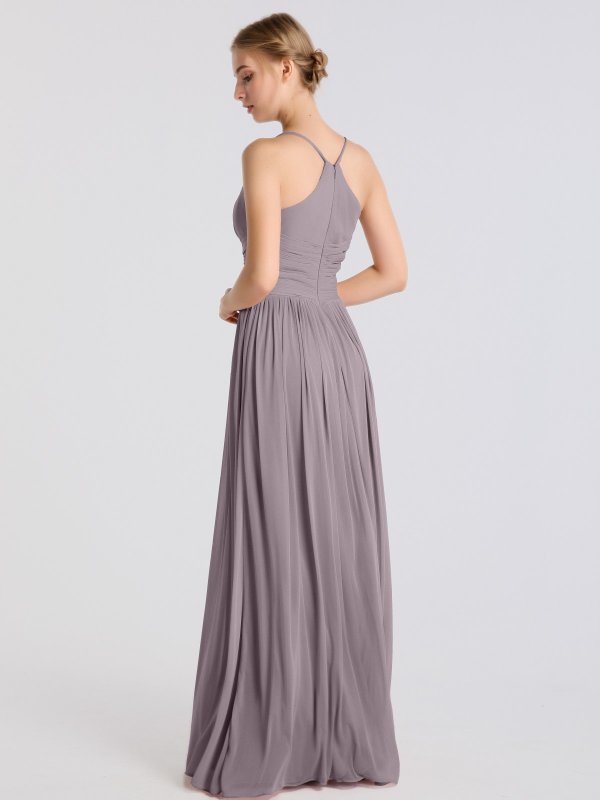 Delicate Long Spaghetti Strap Pleated Waist Mesh Bridesmaid Gown AB202063