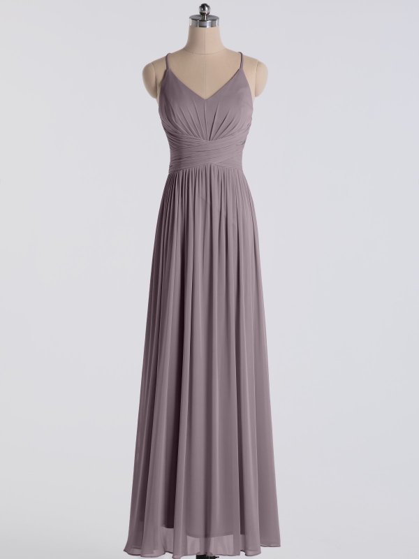 Delicate Long Spaghetti Strap Pleated Waist Mesh Bridesmaid Gown AB202063