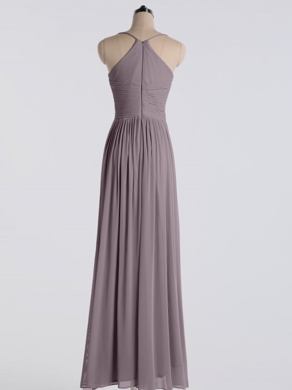 Delicate Long Spaghetti Strap Pleated Waist Mesh Bridesmaid Gown AB202063