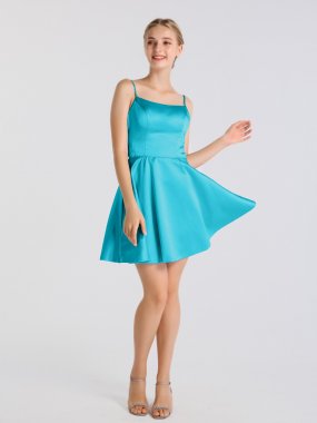 Short Scoop Neckline Satin Party Gown with Spaghetti Straps AB202175