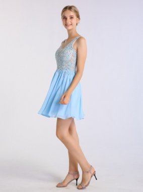 Short Mini Lace Appliqued A-line Chiffon Skirt Dress AB202174