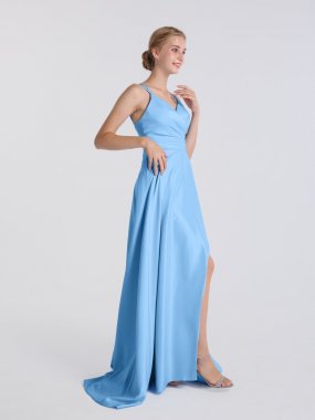 A-line Long Satin Prom Party Gown with Front Slit AB202154