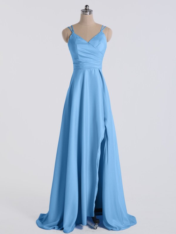 A-line Long Satin Prom Party Gown with Front Slit AB202154