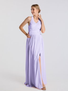 Halter V-neck Satin Dress with Slit and Pockets AB202078