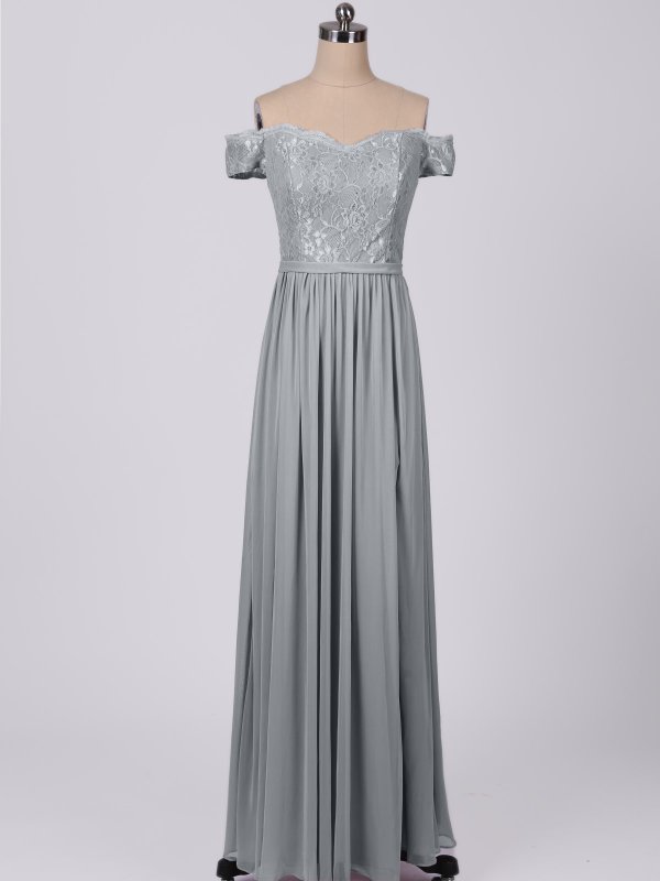 Off-the-Shoulder Lace and Mesh Bridesmaid Dress AB202124