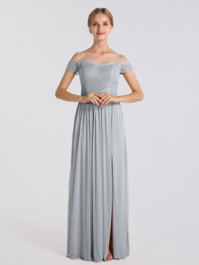 Off-the-Shoulder Lace and Mesh Bridesmaid Dress AB202124