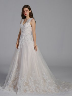 Scalloped V-Neck Lace and Tulle Wedding Dress AB202034