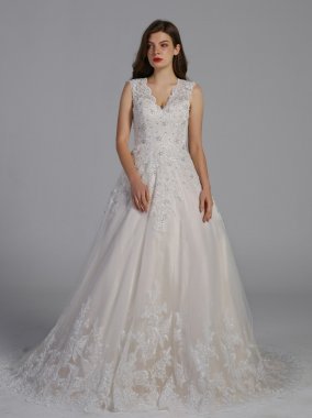 Scalloped V-Neck Lace and Tulle Wedding Dress AB202034