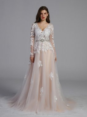 Illusion Sleeve Plunging Ball Gown Wedding Dress AB202002