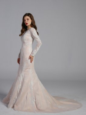 Long Sleeve Sheath with Illusion V-Neckline Wedding Dress AB202023