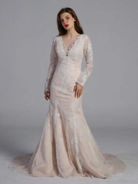 Long Sleeve Sheath with Illusion V-Neckline Wedding Dress AB202023