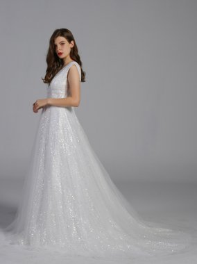 Plunging Sequin Tulle Ball Gown Wedding Dress AB202031
