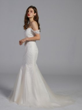 Swag Sleeve Layered Lace Trumpet Wedding Dress AB202039