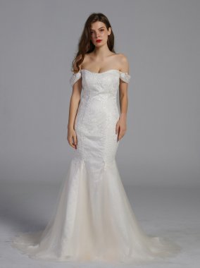 Swag Sleeve Layered Lace Trumpet Wedding Dress AB202039