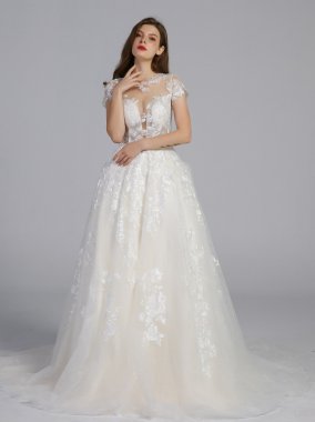 Lace Illusion Cap Sleeve Ball Gown Wedding Dress AB202020