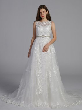 Beaded Lace Wedding Dress with Pleated Skirt AB202010