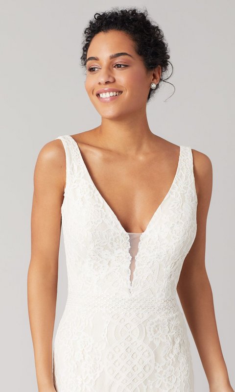 Gloria: Deep-V-Neck Long Wedding Dress KL-300108