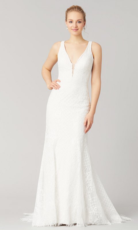 Gloria: Deep-V-Neck Long Wedding Dress KL-300108