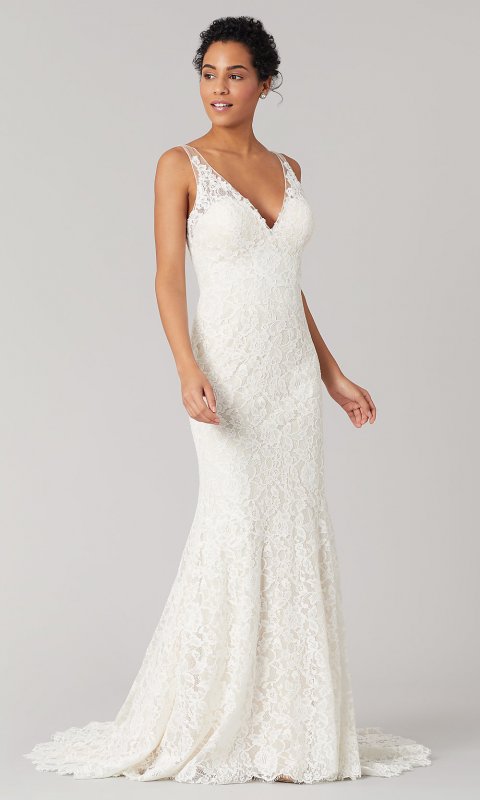 Tina: Open-Back Lace V-Neck Wedding Dress by KL-300124