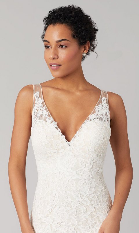 Tina: Open-Back Lace V-Neck Wedding Dress by KL-300124