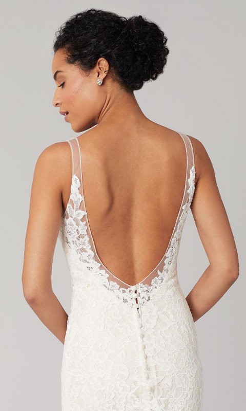 Tina: Open-Back Lace V-Neck Wedding Dress by KL-300124