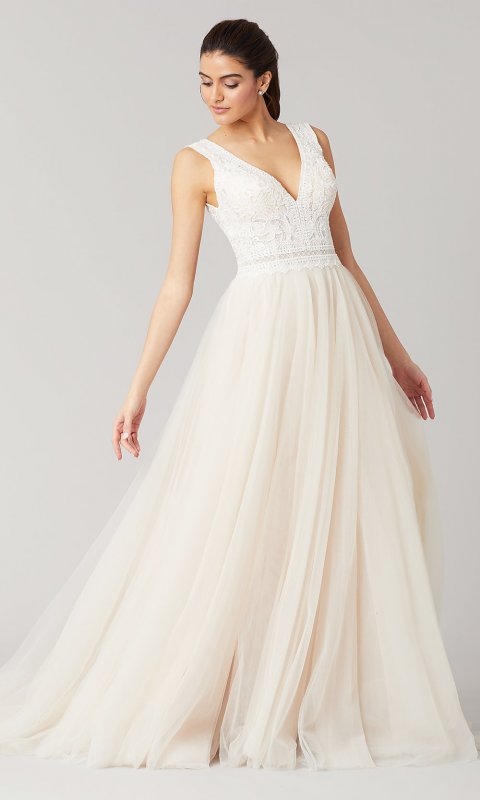 Elizabeth: Lace-Bodice Long Wedding Dress by KL-300126