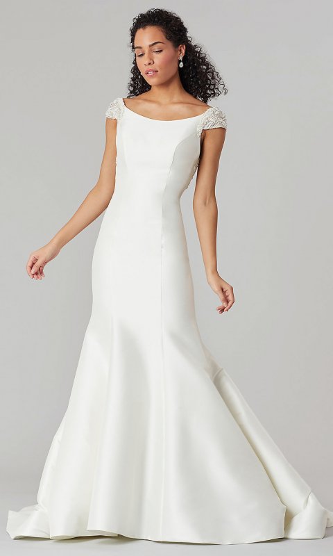 Joan: Cap-Sleeve Long Wedding Dress by KL-300158